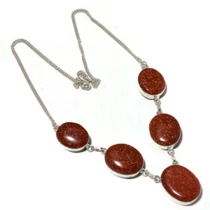 Red Goldstone Oval Gemstone Silver Overlay Handmade Red Stone Chain Necklace - Picture 1 of 4