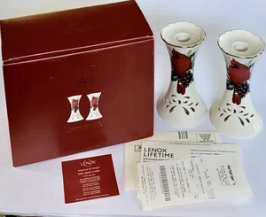 LENOX Winter Greetings Pierced Candlestick Set/2 Red Cardinal Pinecones NEW - Picture 1 of 14
