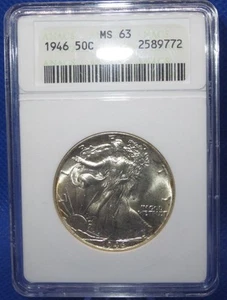 1946 Uncirculated 90% silver Walking Liberty half. ANACS MS 63. Soap box holder. - Picture 1 of 6