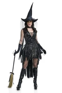 Glamorous Witch Wicked Sorceress Gothic Fancy Dress Up Halloween Adult Costume - Picture 1 of 10