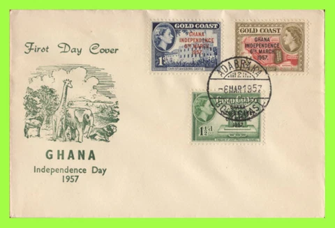 Gold Coast 1957 QEII ½d, 1d, and 1½d on illustrated First Day Cover, Adabraka Cover