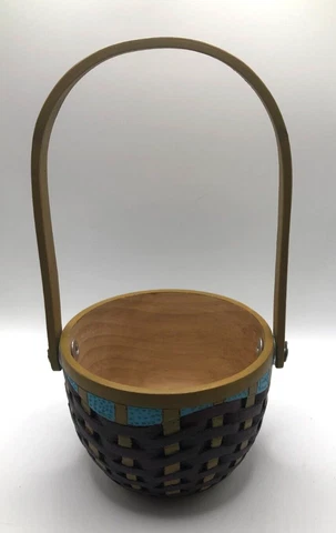 Turned Hand Carved Wooden Elm Basket with Handle - Hand Painted - Artist Signed Cover