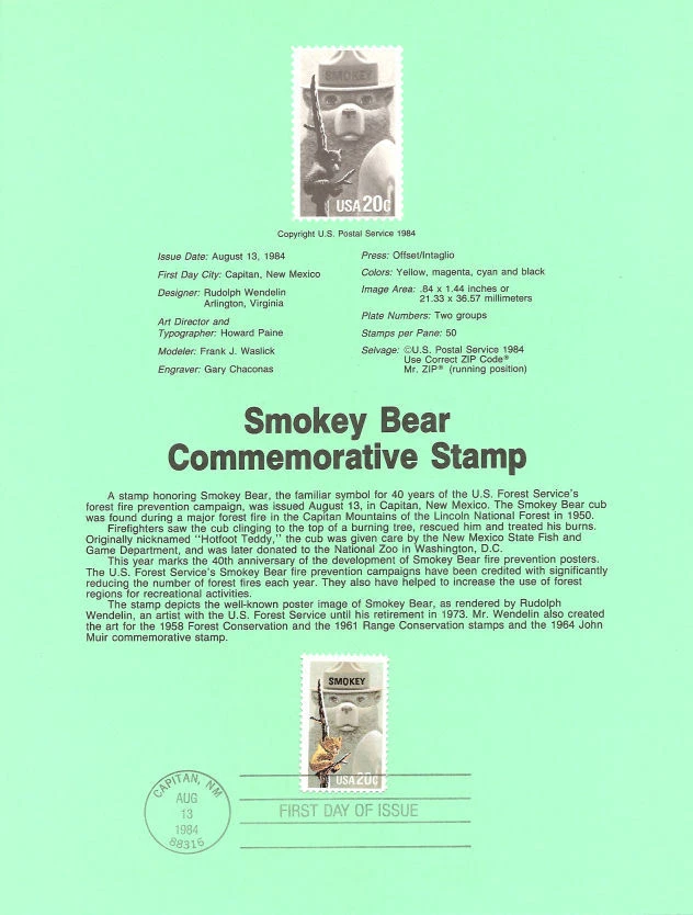 #8427 20c Smokey Bear Stamp - Scott #2096 USPS Souvenir Page - Image 1 of 1
