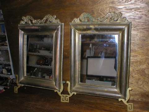 2 Antique Asian Bronze Hanging Wall Mirrors 13" x 17 1/2" Rope Edge Wood Backing Cover