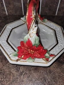 Vintage FITZ AND FLOYD Holiday Poinsettia Santa Handle Serving Dish Cookie /Nuts - Picture 1 of 13