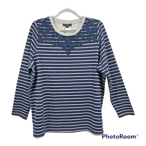 Lane Bryant Womens Size 14/16 Top Gray Navy Blue Stripe Long Sleeve Crochet - Picture 1 of 8