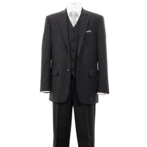 Men's 3 piece Luxurious Pinstriped Suit 2 Button Navy Black Brown Gray 38R~56L - Picture 1 of 10