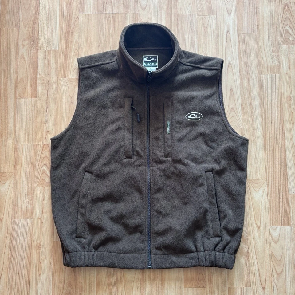 DRAKE Waterfowl Dark Brown Fleece Full Zip Windproof Hunting Vest Layering Sz L! - Image 1 of 4