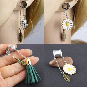 Pair Multistyle Tassel Double Flared Flesh Tunnel Dangle Ear Gauge Plug Expander - Picture 1 of 19