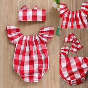 Newborn Baby Girls Romper Summer Jumpsuit Ribbed Short Sleeve One-Piece+Headband - Picture 1 of 10