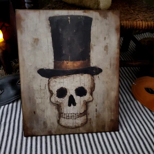 WITCH TOP HAT SKELETON FOLK ART HALLOWEEN COLONIAL PRIMITIVE VINTAGE STYLE SIGN - Picture 1 of 8