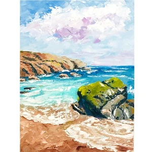 Strand Gemälde Original Portugal Kunst: Ozean Küste Meereslandschaft 9 х 7" - Bild 1 von 8
