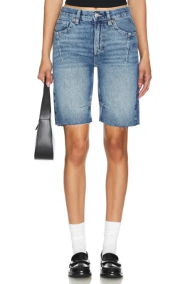 Free People Ghost Town Long Denim Shorts in Blue Size 31 RRP £78 - Image 1 of 4