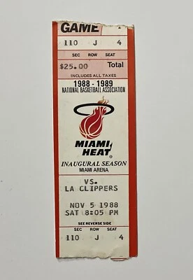 1988 MIAMI HEAT vs CLIPPERS INAUGURAL SEASON FIRST GAME EVER TICKET STUB 11-5-88 - Image 1 of 2
