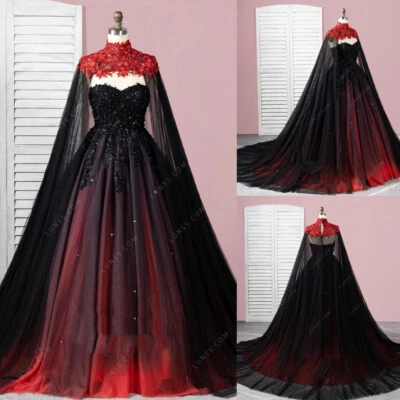 Gothic Black and Red Wedding Dresses with Cape Glitters Beaded Bridal Gowns - Image 1 of 4