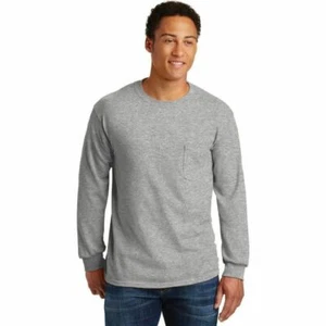 Gildan 2410 Men's Ultra Cotton Long Sleeve Pocket T-Shirt Blank Solid Tee - Picture 1 of 10