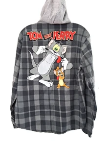 Tom And Jerry Flannel Hooded Shirt Mens Size Large Button Up Skater Grunge - Picture 1 of 10