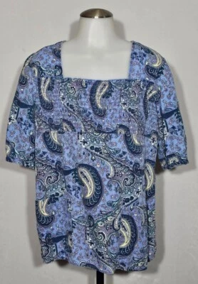 Healing Hands Women's M Scrubs Ruched Top Stretch Blue Green Yellow Paisley  - Image 1 of 4