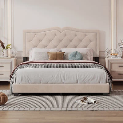 Upholstered Bed Frame with Button-Tufted Curved Headboard with Rivet Trim - Image 1 of 4