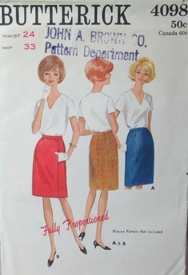 Vintage 60s Butterick 4098 Misses 10 W24 Slim Proportioned SKIRT Pockets Pattern - Image 1 of 2
