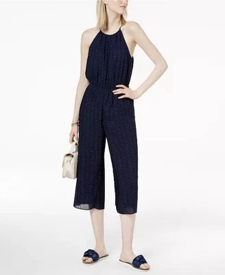 NWT Maison Jules 12 Large Navy Dot Spring Romantic Cropped Chiffon Jumpsuit $89 - Image 1 of 4