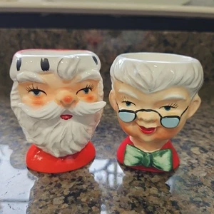 Vintage Lefton Christmas Holiday Mr and Mrs Santa Claus Egg Cup Set Pair #1265 - Picture 1 of 12