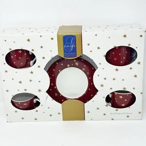 Vtg Sakura Galaxy Red Holiday Cups Saucers Plates 14K Gold Stars Celestial READ - Picture 1 of 7