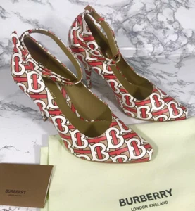 NWT BURBERRY Monogram Print Logo Ankle Strap Leather 105mm Pump EU39 $790 - Picture 1 of 11