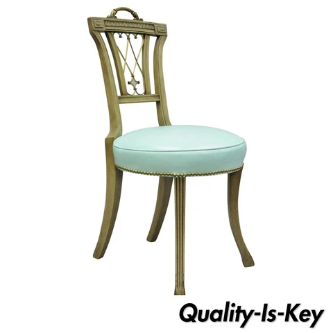 Carved Mahogany French Regency Style Chair w/ Brass Handle & Aqua Blue Vinyl (B) Cover
