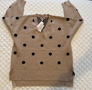 NUOVO Philosophy Plus Tg 2X Maglione Beige Nero Pois Donna Pullover Scollo V - Foto 1 di 5