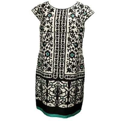Liz Claiborne Floral Sheath Dress Knee Length Lined Black White Turquoise 12 - Image 1 of 4