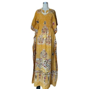 1970s batik print yellow kaftan bat wing indian maxi dress angel sleeve boho 70s - Picture 1 of 11