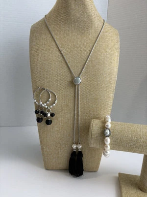 Lucky Brand Coordinador Collar Pulsera Pendiente Perla Negro Blanco Tono Plata Foto 1 de 4