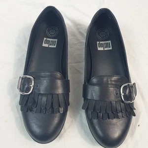 Fitflop Black Leather Fringe Front Buckle Slip On Pump Shoes Size UK 6 - Picture 1 of 12