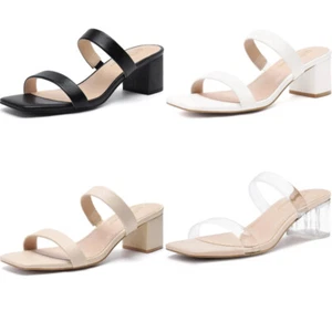 Women's Two Strap Open Toe Heels Sandals Chunky Block Comfort Slip On - Picture 1 of 25