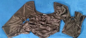 Tic Toc Long Sleeve Silk Blouse With Scrunch Crop Brown Lace Up Sz.S - Picture 1 of 8