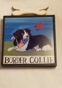 NANCY THOMAS BORDER COLLIE Folk Art Wood Wall Plaque Dog Series Metal Bone - Picture 1 of 4