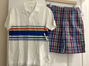 NWT Sz 14 Gap Boys 2 Piece Set, White & Stripes Polo Shirt XL, Plaid Shorts - Picture 1 of 12