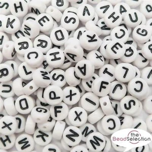 100 ALPHABET ACRYLIC BEADS WHITE 7mm FLAT ROUND SINGLE & MIXED LETTER A - Z - Picture 1 of 30