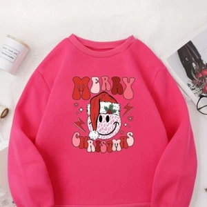 Pink Smiley Merry Christmas Holiday Sweatshirt Girls Size 12-14 - Picture 1 of 4