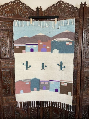 Tapiz de lana tejido vintage escena pueblo mexicano/colgante de pared cactus pájaro 39x28 Foto 1 de 4