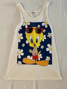 Vintage Looney Tunes Tweety Bird Floral Tank Top Women’s One Size White Gathered - Picture 1 of 8