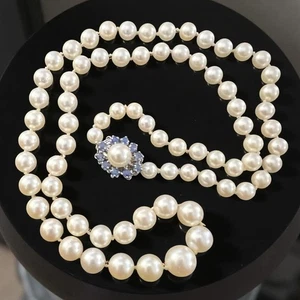 Vintage Cultured Pearl Necklace 14K White Gold Pearl Blue Spinel Clasp Graduated - Picture 1 of 16