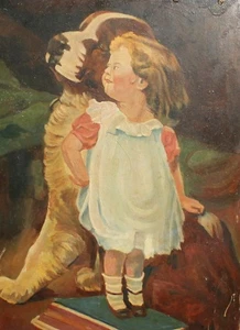 Vintage impressionist oil painting portrait dog and girl - Picture 1 of 12