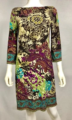 Vestido Eci New York Nuevo con Etiquetas Estampado Boho Floral Cachemira Talla 6 Marrón Púrpura Elástico Foto 1 de 4