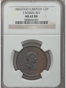 1806 NGC MS62BN 1/2P SOHO Great Britain - 3 Berries Reverse - Picture 1 of 2