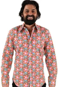 Chenaski camicia uomo hippie manica lunga con fantasia floreale rosa azzurro - Foto 1 di 7