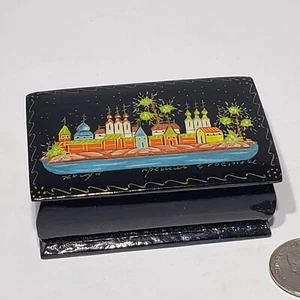 VTG Miniature Russian Church Spires Black Lacquer Box Hinged Hand Painted Signed - Picture 1 of 14