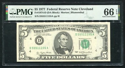 FR 1974-D 1977 $5 FRN “FANCY BINARY D55511155A” CLEVELAND, OH PMG GEM UNC-66EPQ - Image 1 of 2