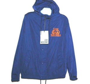Love Moschino Men's Blue Hooded Rain Jacket Orange Logo Size US 44 EU 54 - Picture 1 of 12